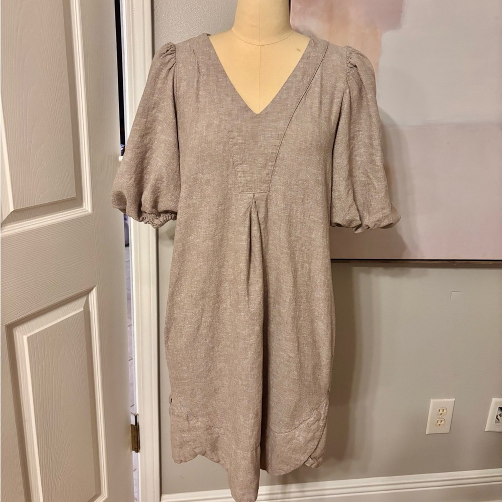 Elegant Beige Puff Sleeve Dress